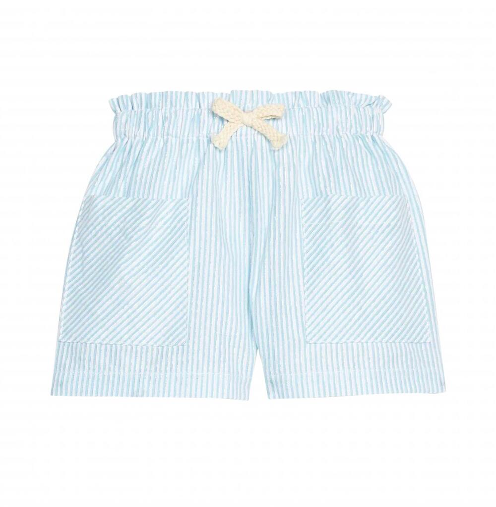 NEW BISBY kids' patch pocket shorts in aqua sparkle seersucker